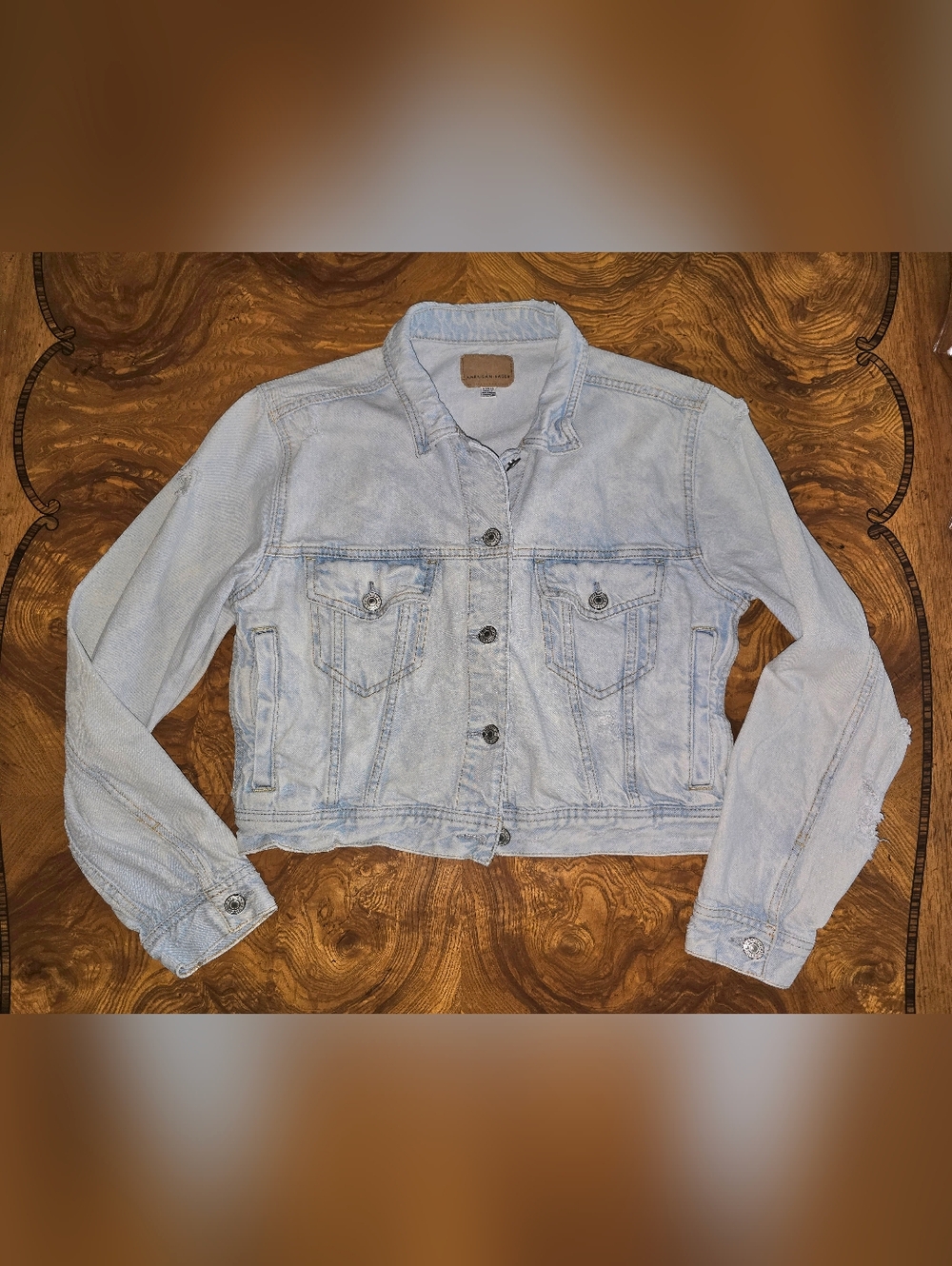 American Eagle Distressed Light Wash Denim Jacket Womens Size Large